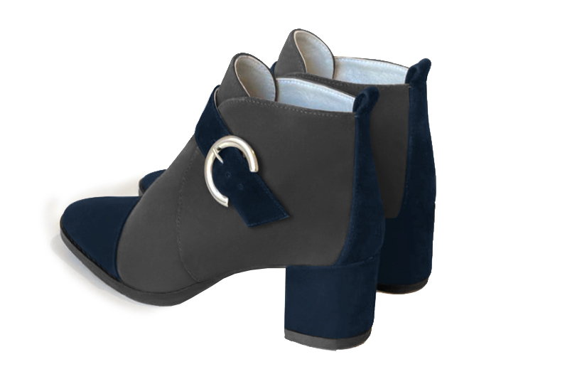 Navy blue and dark grey women's ankle boots with buckles at the front. Round toe. Medium block heels. Rear view - Florence KOOIJMAN